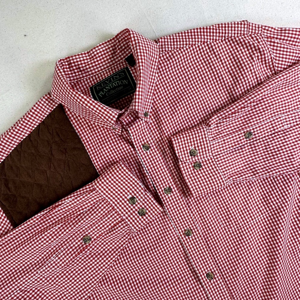 Kevins Plantation Collection Mens 2X Red Gingham Shooting Shirt Shoulder Patch